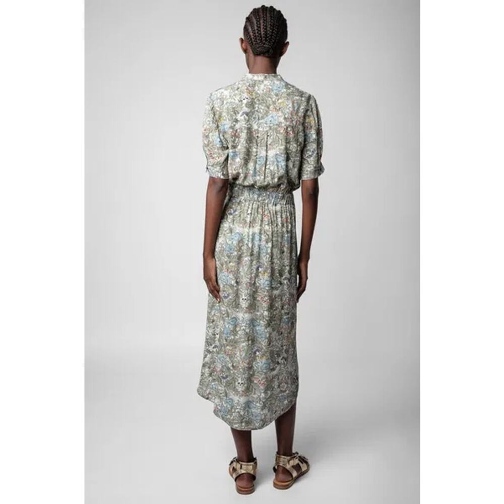 Zadig & Voltaire Rima Skull-Floral Print Hi-Low Midi Shirt Dress Kaki Womens XS - Picture 3 of 15